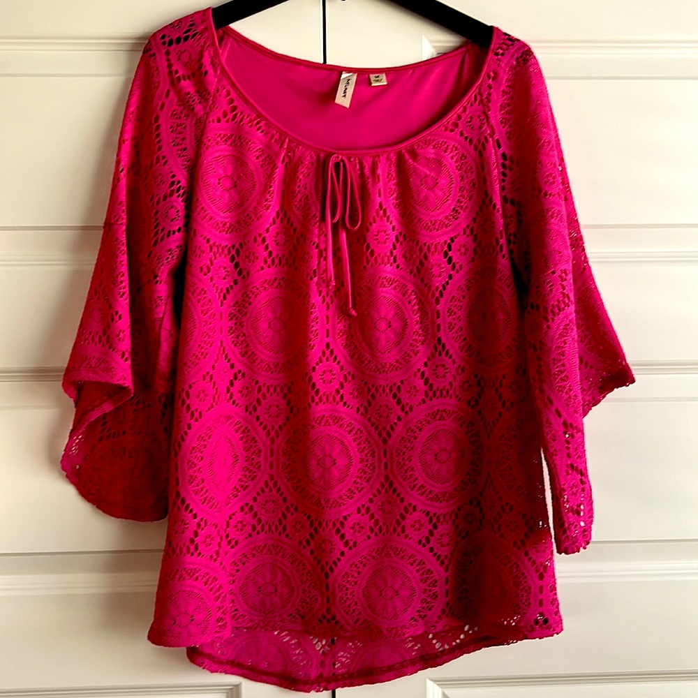 Hot pink elbow length blouse. Knit Lace overlay.
